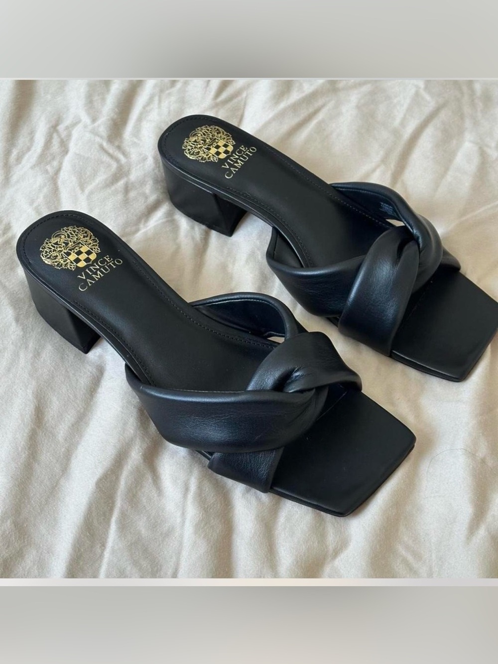 Vince Camuto Black Knotted Leather Block Heel Sandals 10